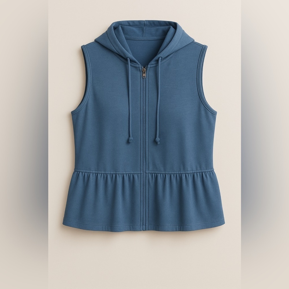 Zavenue Blue Sleeveless Hoodie Flounce Zipper Front Vest NWT L #812